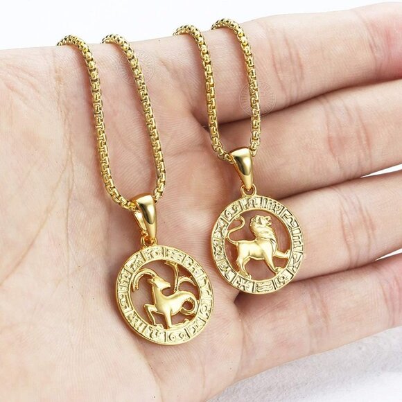 Gold Plated Zodiac Sign Pendant Necklace for Women Men Leo AriesConstellation Ho - Picture 5 of 6